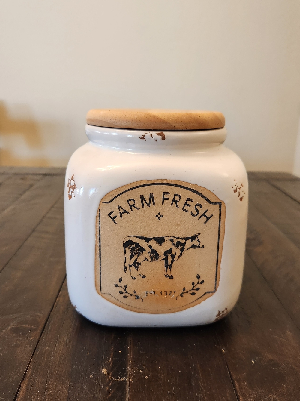 Farmhouse "Farm Fresh" Ceramic Canister with Wood Lid